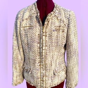 Chico’s Tweed Jacket. Zip up, Chain embellished Lavender,Gold, Tan,Off W…